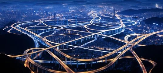 Zelfklevend Fotobehang Night traffic on urban expressway intersection, aerial view of cityscape and transportation © Andrei