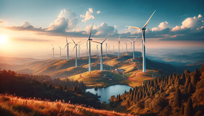A scenic landscape with multiple wind turbines, beautifully integrated into a natural setting under a clear blue sky - obrazy, fototapety, plakaty