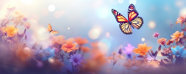 Fototapeta na wymiar Butterflies flying over colorful flowers. generative AI