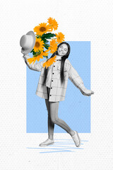 Vertical collage creative poster illustration black white effect beautiful charm tenderness young...