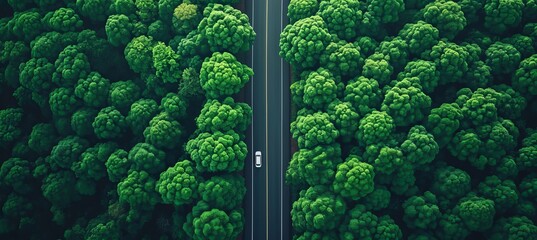 Aerial view of a car driving on a winding asphalt road through a dense and vibrant green rainforest