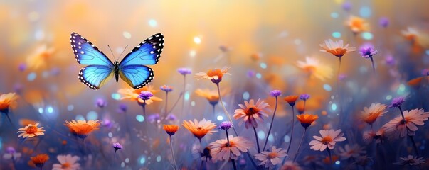 Fototapeta na wymiar Butterflies flying over colorful flowers. generative AI