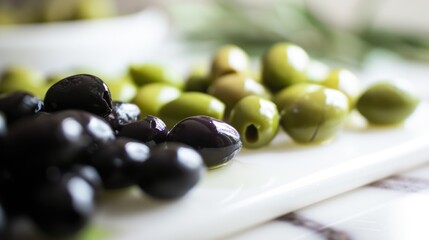 A bunch of olives sitting on top of a cutting board.