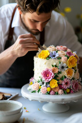 Obraz na płótnie Canvas A baker decorating a cake with spring-themed edible flowers.
