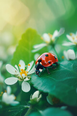 Obraz premium A bright red ladybug on a green leaf, with soft-focus spring flowers in the background.