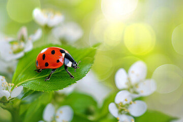 A bright red ladybug on a green leaf, with soft-focus spring flowers in the background.