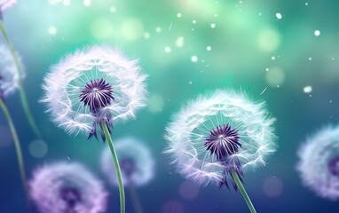 Beautiful white dandelion flowers with a charming bokeh effect background. generative AI
