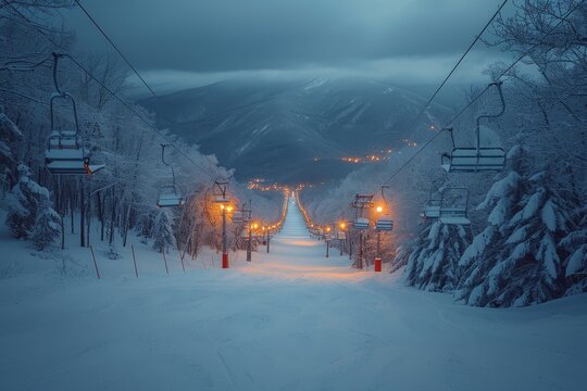 A group of skiers ride a ski lift down a snowy hill, braving the freezing winter storm and navigating through the foggy mountain terrain as they make their way to the brightly lit ski resort below