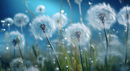 Dandelion flowers bloom and fly with a beautiful view - obrazy, fototapety, plakaty