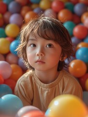 Fototapeta na wymiar A young child's face lights up with joy as they play in a ball pit, surrounded by colorful balloons and balls, their clothing adding to the festive atmosphere of the indoor party supply playground