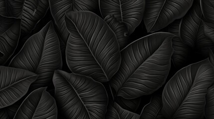 Abstract black tropical leaves texture background with copy space, dark nature concept