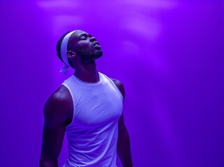 Fototapeta na wymiar A vibrant and stylish man adorned in a white tank top and headband stands out in the sea of purple hues at a concert, his human face radiating with the energy of the magenta music surrounding him