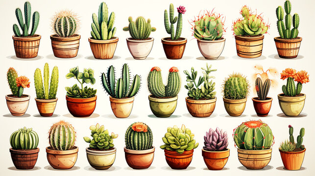 Set watercolor cactus collection
