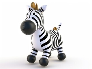 A toy zebra with a golden crown on its head. Funny cute inflatable toy on white background.