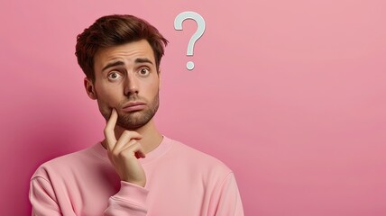 Young Man in Pink Sweater with Question Mark