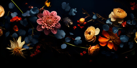 Black background with flowers ,Beautiful fantasy vintage wallpaper different botanical flower motif for floral print digital background ,