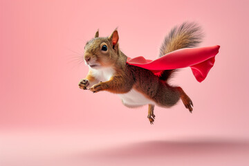 Superhero squirrel. A squirrel in a red cloak. Adorable squirrel in a red superhero costume, sits on pink background. Adorable squirrel in red superhero cape on pink background