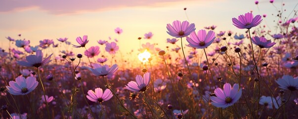 Obraz na płótnie Canvas Purple cosmos flowers with a beautiful sunset background. generative AI