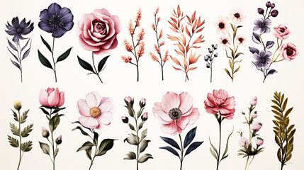 Set watercolor flower collection