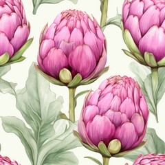 Fototapeta premium Artichoke flowers in vintage botanical style as a seamless arnament for packaging design