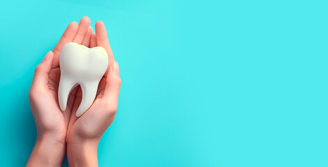 The doctor's hand holds a model of a healthy white tooth on a flat blue background.