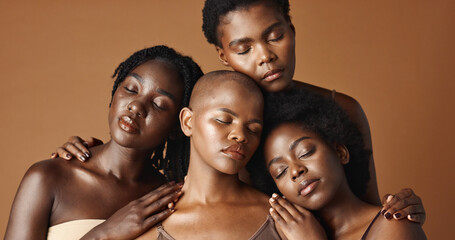 Skincare, beauty and face of black women in studio with glowing, natural and facial routine. Smile,...