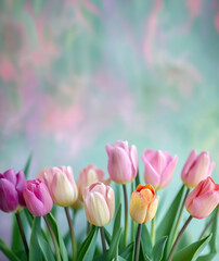 close up of bouquet of pink white tulips as gift for mothers day In pastel spring colours with bokeh background isolated in magazine editorial postcard style with copy space