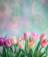 Fototapeta premium close up of bouquet of pink white tulips as gift for mothers day In pastel spring colours with bokeh background isolated in magazine editorial postcard style with copy space