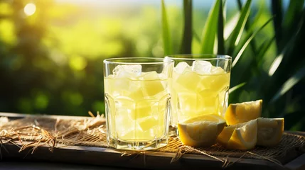 Fotobehang Sugarcane juice with sugarcane plantations © Inlovehem