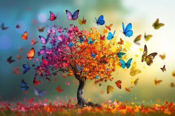 background of the fantastic butterfly tree. Elegant colorful tree with vibrant leaves hanging branches illustration background. Bright color 3d abstraction wallpaper for interior mural painting wall a - obrazy, fototapety, plakaty