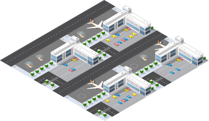 Isometric map of the city's airport, the trees and the flight of construction