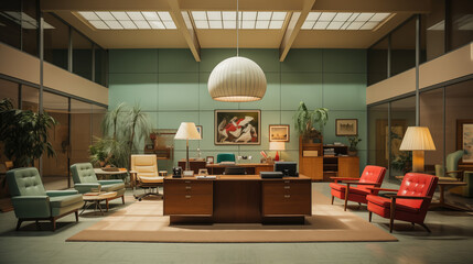 Office Space Work Area from the 1940s/1950s/1960s - American Business Environment with Vintage Desk and Old-Fashioned Office Supplies - A Peek into Professional History. 