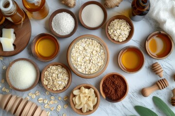 Obraz na płótnie Canvas Natural skincare components arranged neatly on a marble background, featuring oats, sugars, honey, clays, and almond slices for holistic beauty treatment