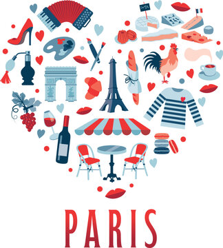 Bundle collection of parisian terrace clich&eacute;s. Vector illustrations separated on a white background. Wine and french cheese.