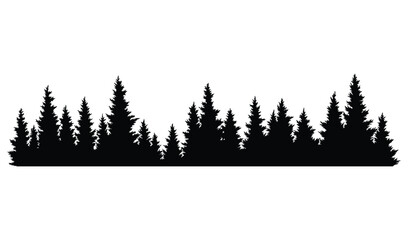 Fir trees silhouette. Coniferous spruce horizontal background pattern, black evergreen woods vector illustration. Beautiful hand drawn panorama of coniferous forest