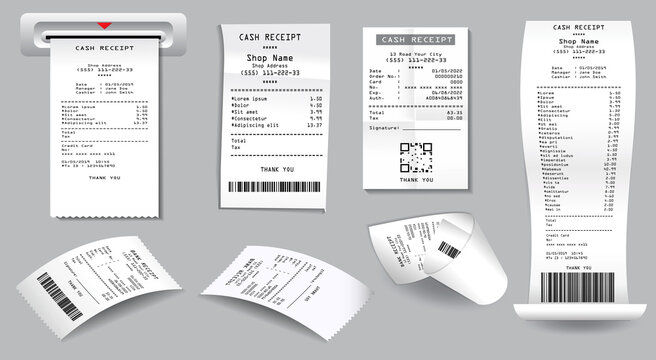 set of register sale receipt or cash receipt printed on white paper concept. 3D Render
