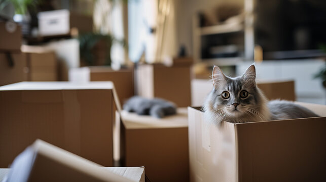 House moving  concept. Cat hiding in brown cardboard moving boxes for house move. Cute cat in a box. AI generated.