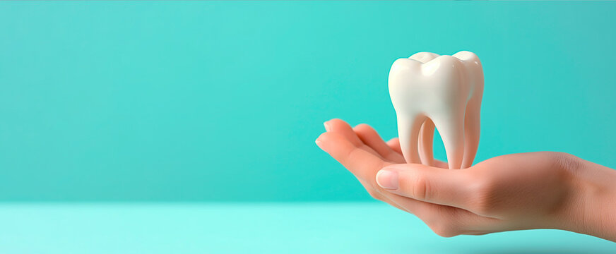 The doctor's hand holds a model of a healthy white tooth on a flat blue background.