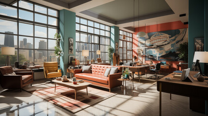 Interior of a 1950s American Office Space with Analog Technology, Wooden Desk, and File Cabinet - Celebrating Bygone Eras.