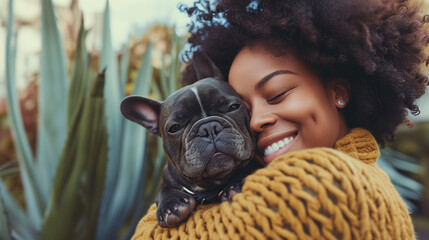 Young mixed race black woman cuddling her dog in the park, ai generated