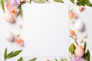 Kreatives flaches Ostergelege/Frühlingsgelege mit Blumen und einem weißem, leern Blatt Papier - obrazy, fototapety, plakaty