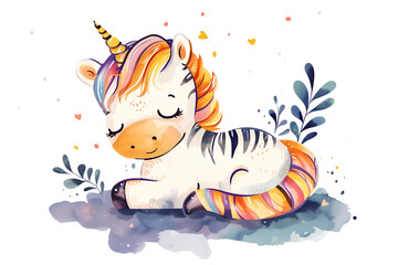 Hand drawn cute cartoon unicorn in style of childlike simplу watercolor. Doodle illustration