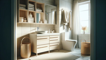 interior of a light bathroom, featuring drawers, a toilet bowl, and a laundry basket