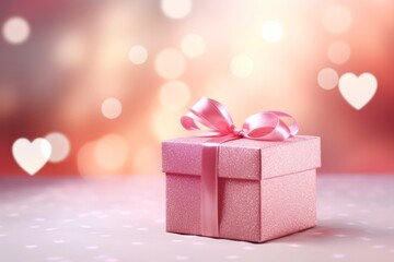 Pink gift box with ribbon and heart shapes on blurred background. Valentine holiday concept. 