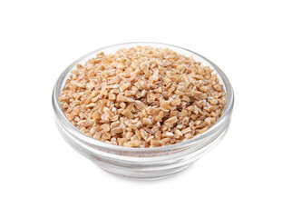 Dry wheat groats in glass bowl isolated on white