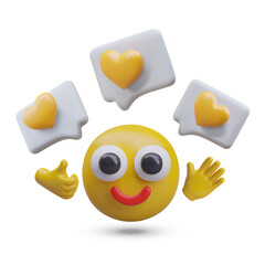 Funny yellow emoticon with big eyes and smile with flying messages with hearts. Face with hands showing sign class. Vector illustration in 3d style on white background