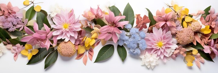 A row of various kinds of flowers in the photo on a white background