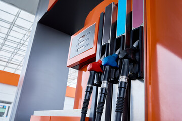 Background image of modern fuel pump with several petrol dispensers, copy space - obrazy, fototapety, plakaty