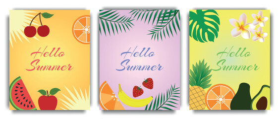 Naklejka premium Summer set of fruit vector posters. Hello summer text with fruits and tropical leaves on a bright summer background. Holiday season vector illustration, banner, flyer, template.