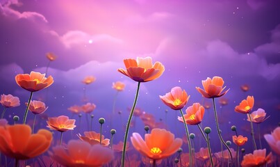 Obraz na płótnie Canvas Beautiful purple cosmos flowers in the photo with a bokeh glitter light background. generative AI